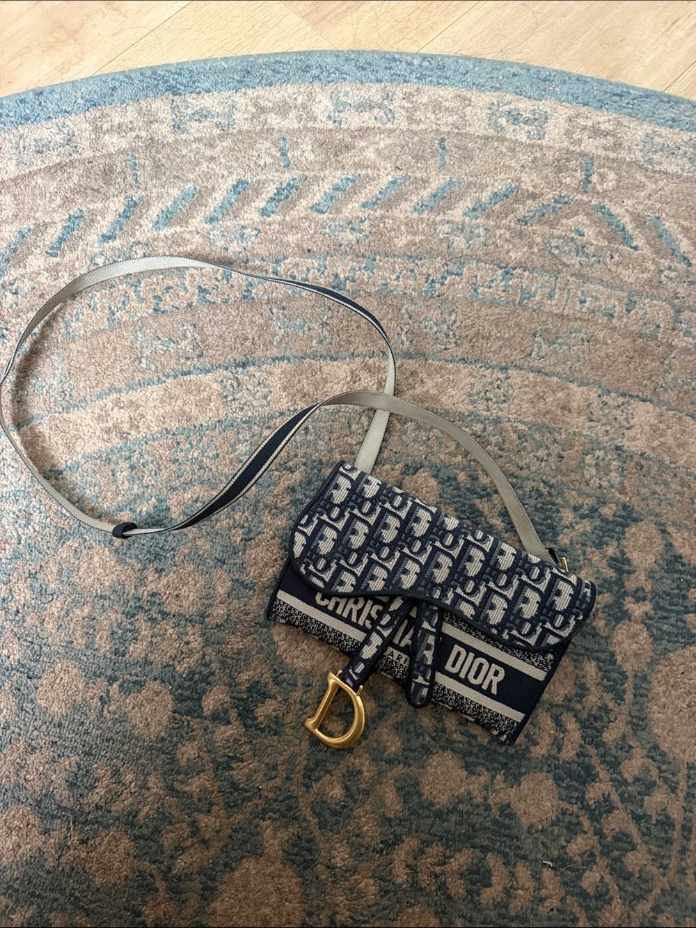 Dior Navy & White Oblique Saddle Key/Card Holder with Gold D Charm
